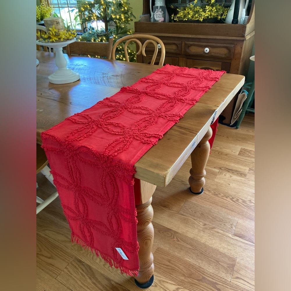 NWT Tufted Cotton Chenille Runner Manual Brand RED Farmhouse Chic Shabby